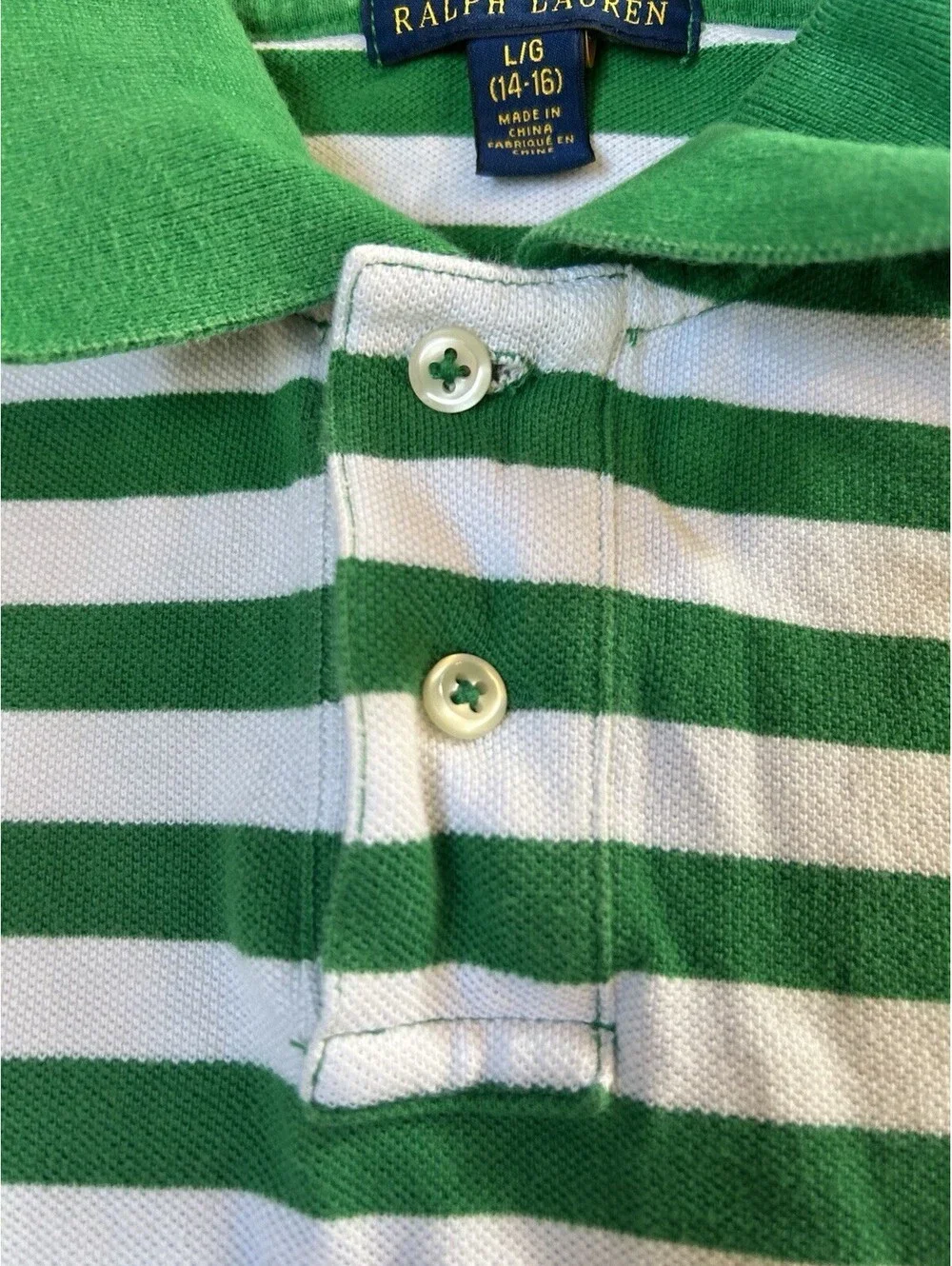 Polo Ralph Lauren Boys 100% Cotton Shirt Sz. L (14-16) Green White Striped Pony